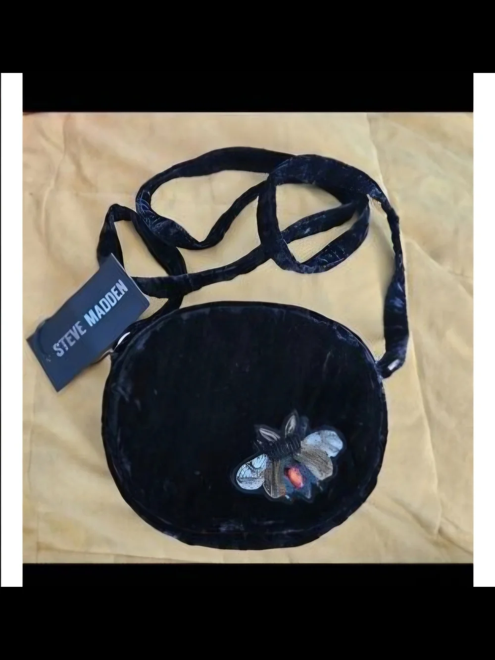 Steve Madden Black Velvet Round Crossbody with Bee Patch